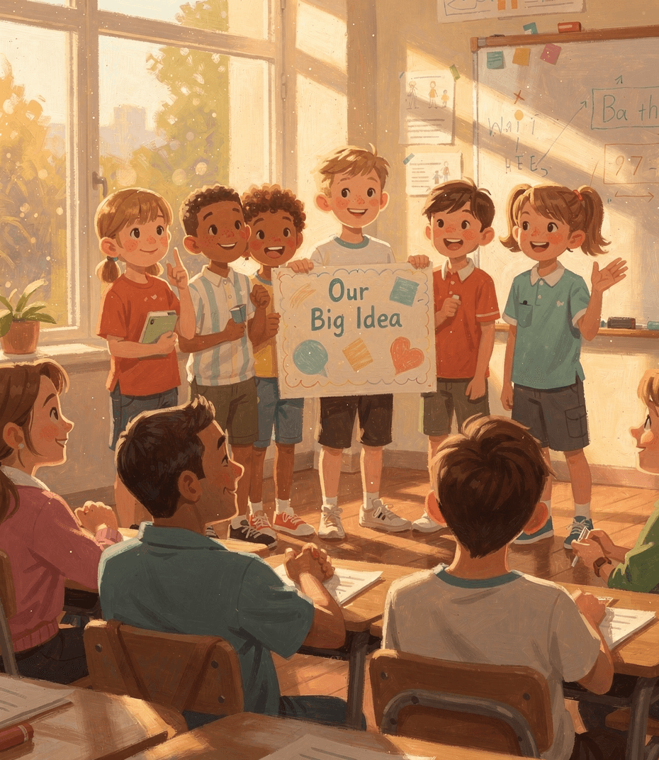 A group of children presenting their big idea to their class