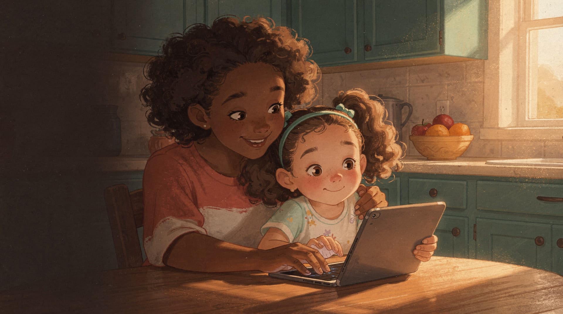 A mother and daughter at the kitchen table, exploring an idea together on a tablet