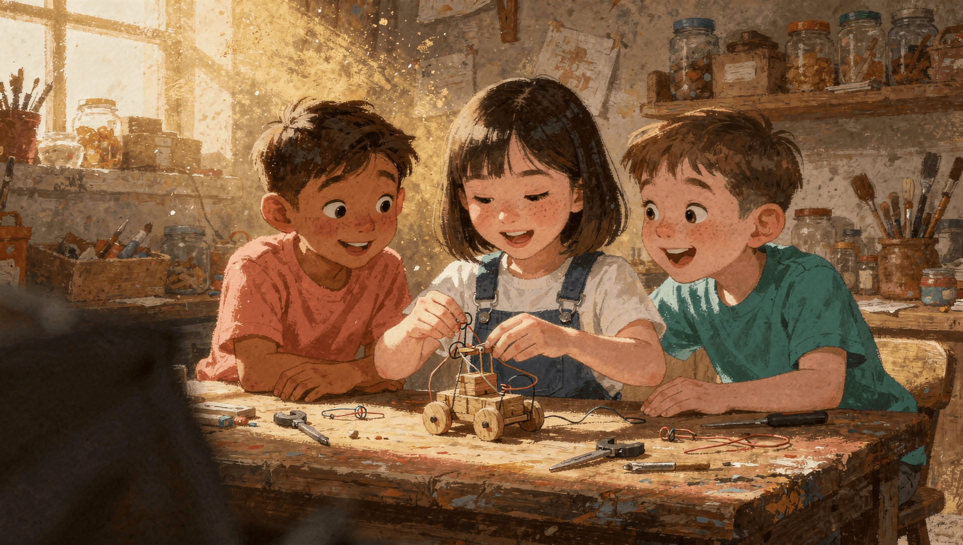 Three children at a workshop table, building a small invention together in golden light