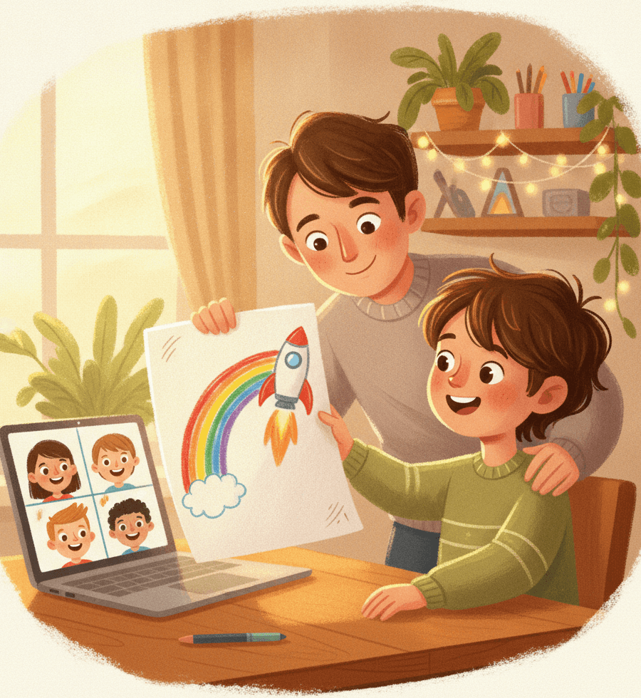 A child at home proudly pitching their big idea to friends on a video call, a parent at their side