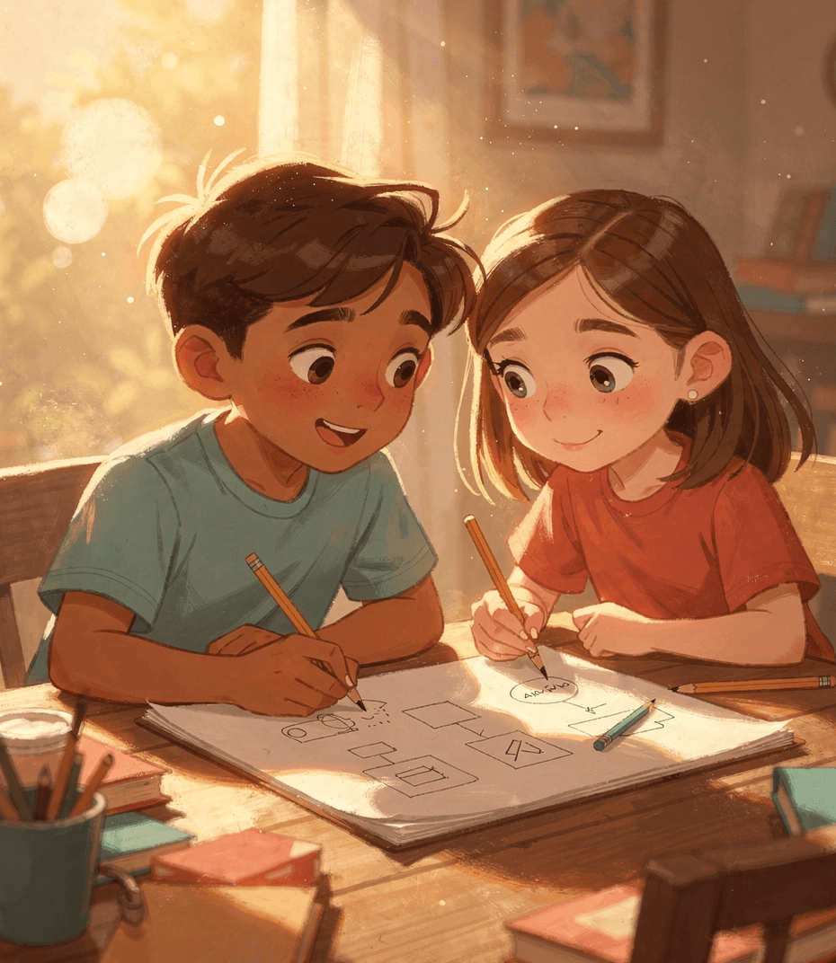 Two children sketching a plan together at a sunlit table