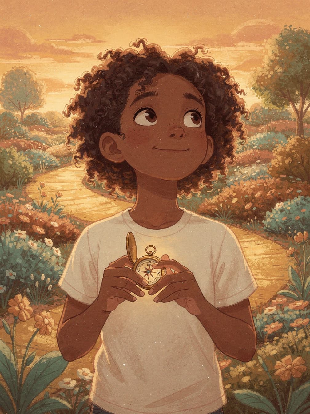 A girl holding a compass on a golden path at sunset