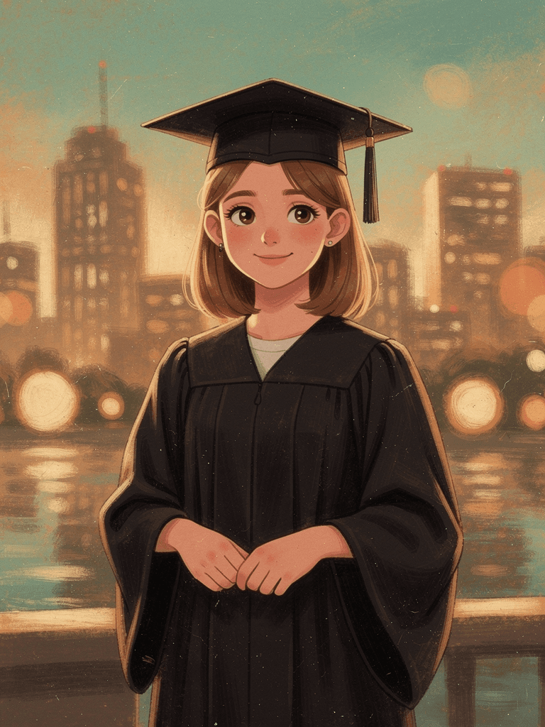 A young woman in a graduation cap and gown at dusk
