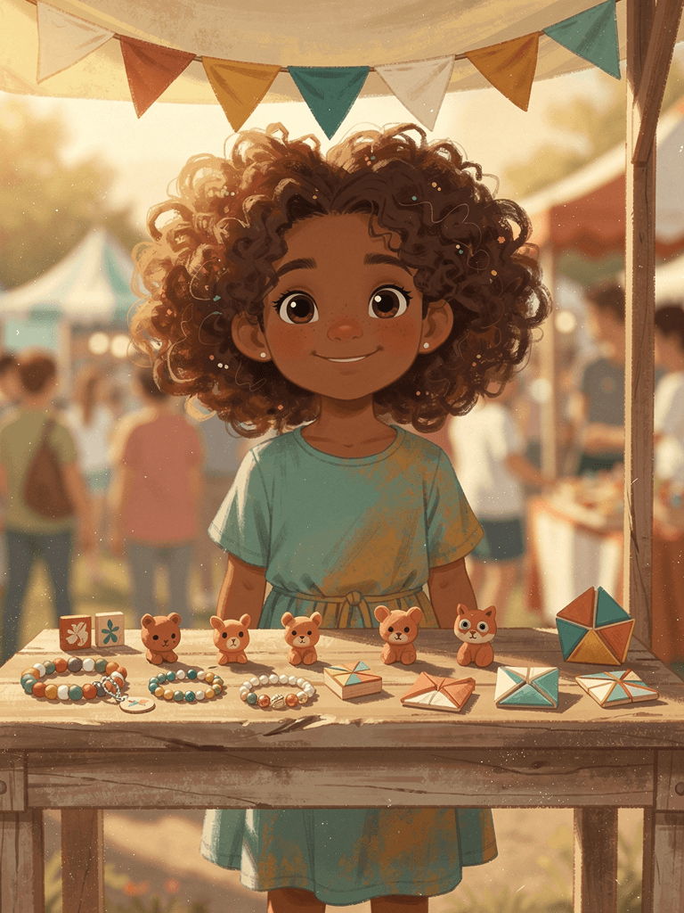 A young girl proudly running her own stall at a summer fair
