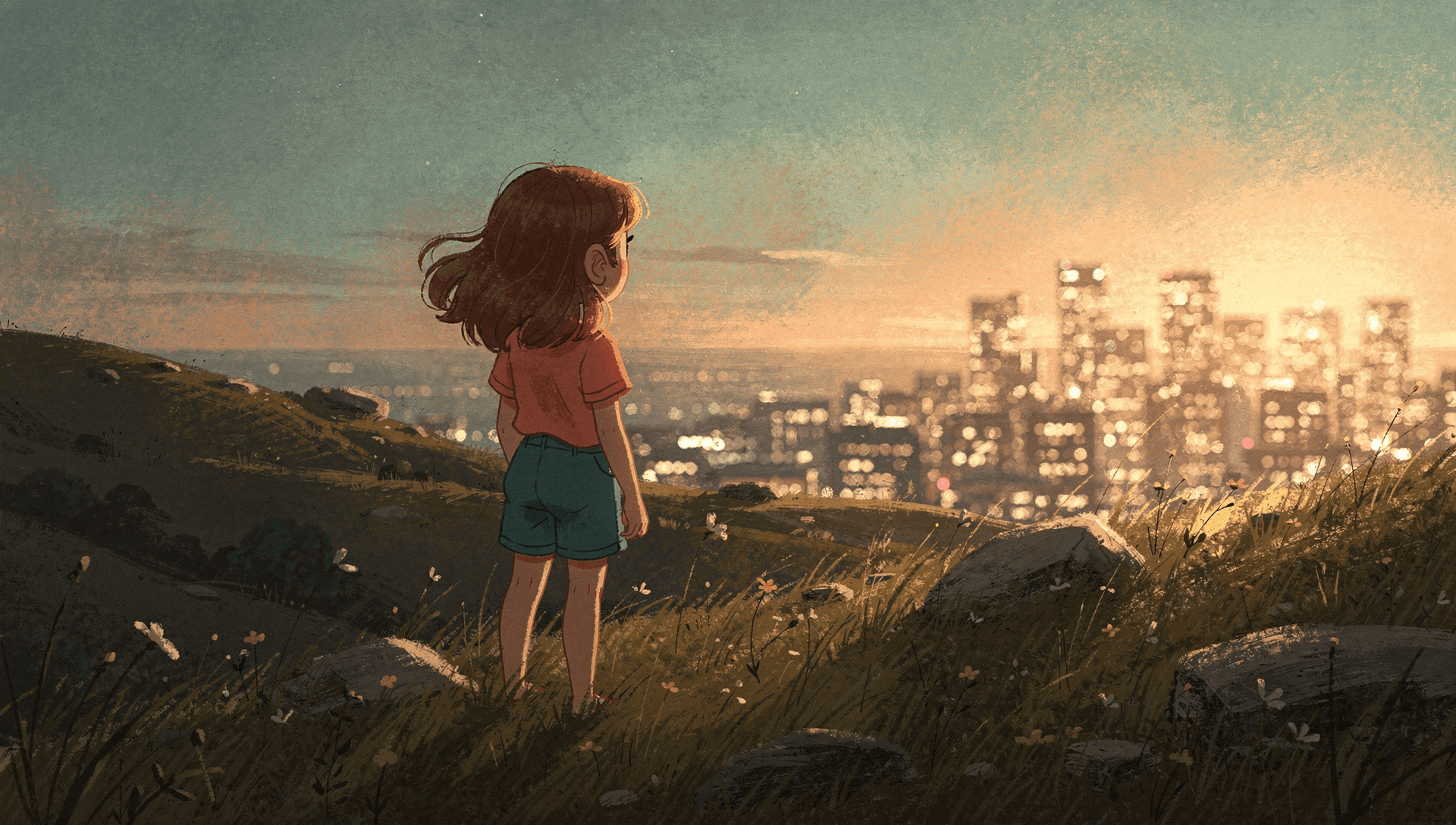 A girl on a hillside at dusk, looking out over a distant city skyline